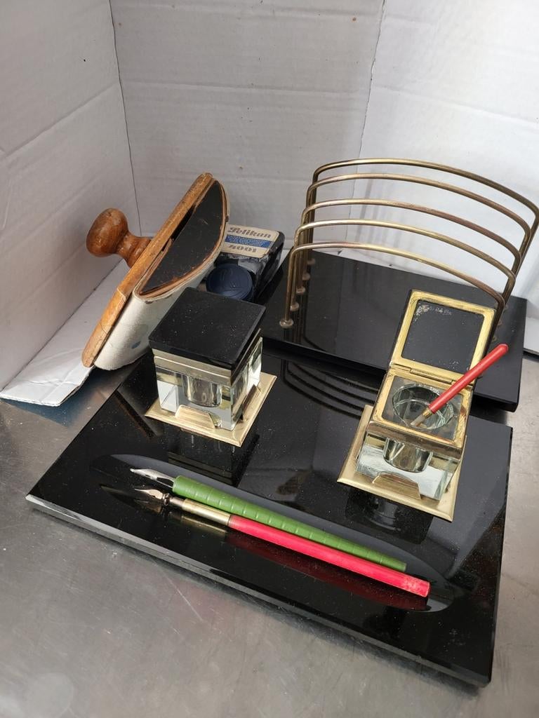 Antieke bureauset met inktpotten en pennen, Antiek en Kunst, Ophalen of Verzenden