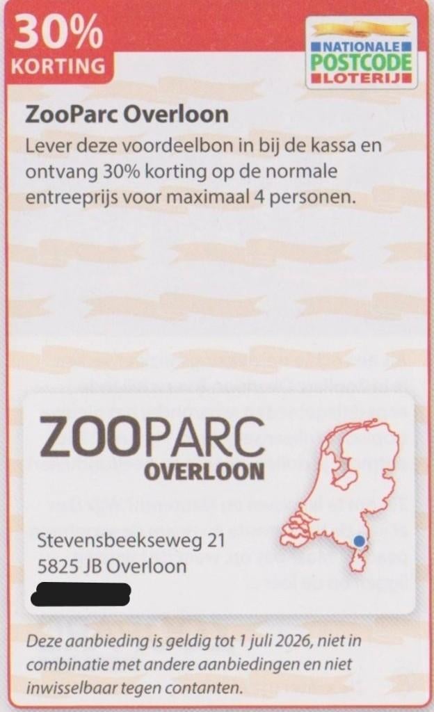 ZooParc Overloon. 30% korting. Postcodeloterij voordeelbon., Drie personen of meer, Kortingskaart