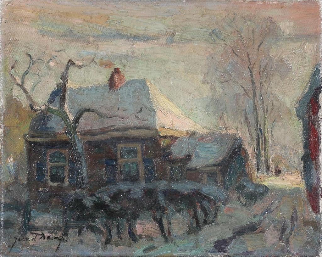 ~1950 Huis in besneeuwd landschap, olieverf/doek Jack..., Ophalen of Verzenden