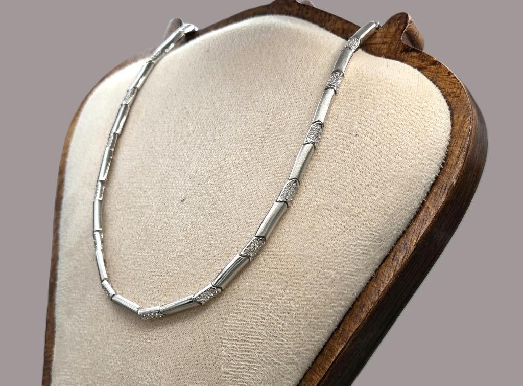 Zilveren staafjes ketting met zirkonia's. 2026/197., Sieraden, Tassen en Uiterlijk, Kettingen, Nieuw, Zilver, Zilver, Met kristal