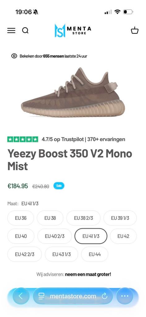 Yeezy monomist maat 41, Kleding | Heren, Schoenen, Ophalen, Zo goed als nieuw, Zwart