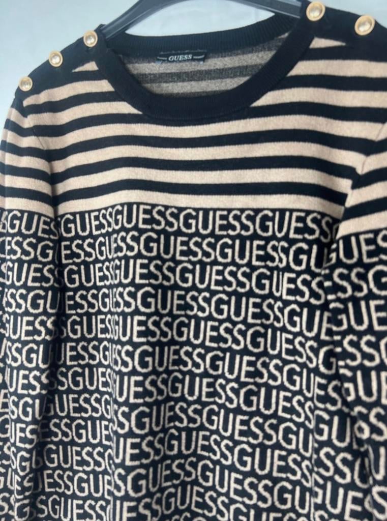 Guess trui maat XL - Zwart/Beige gestreept met logo, Ophalen of Verzenden, Zo goed als nieuw, Maat 46/48 (XL) of groter, Zwart