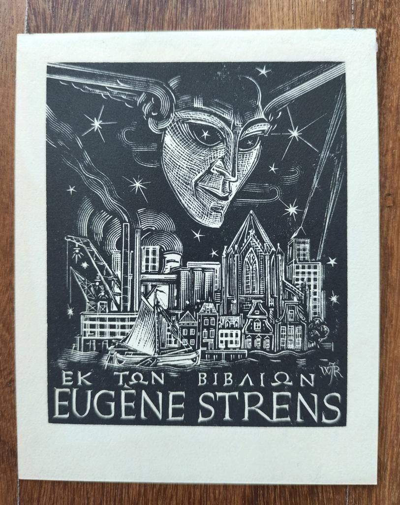 Exlibris Eugène Strens (W.J. Rozendaal, 1930) (stadsgezicht), Stadsgezicht, Origineel, 1900 - 1949, Ex libris