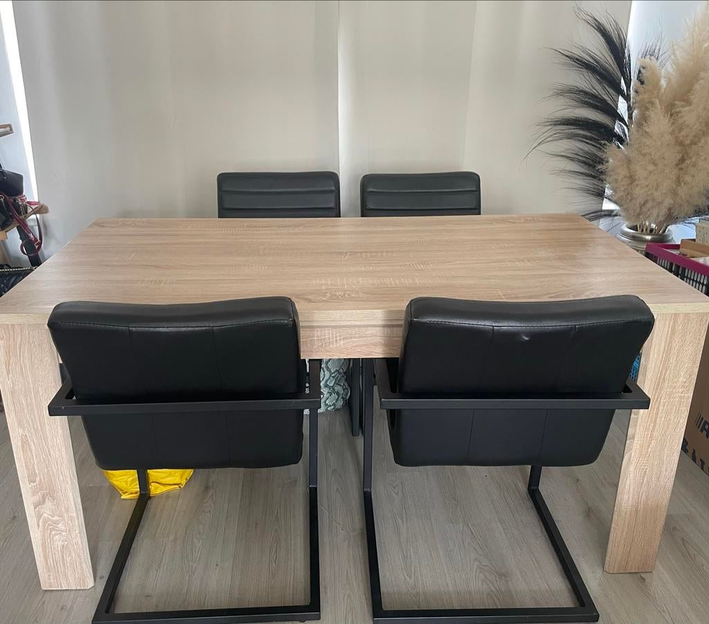 Sonoma beige houten eettafel, gehele set te koop, Gebruikt, 150 tot 200 cm, Vier personen, Rechthoekig