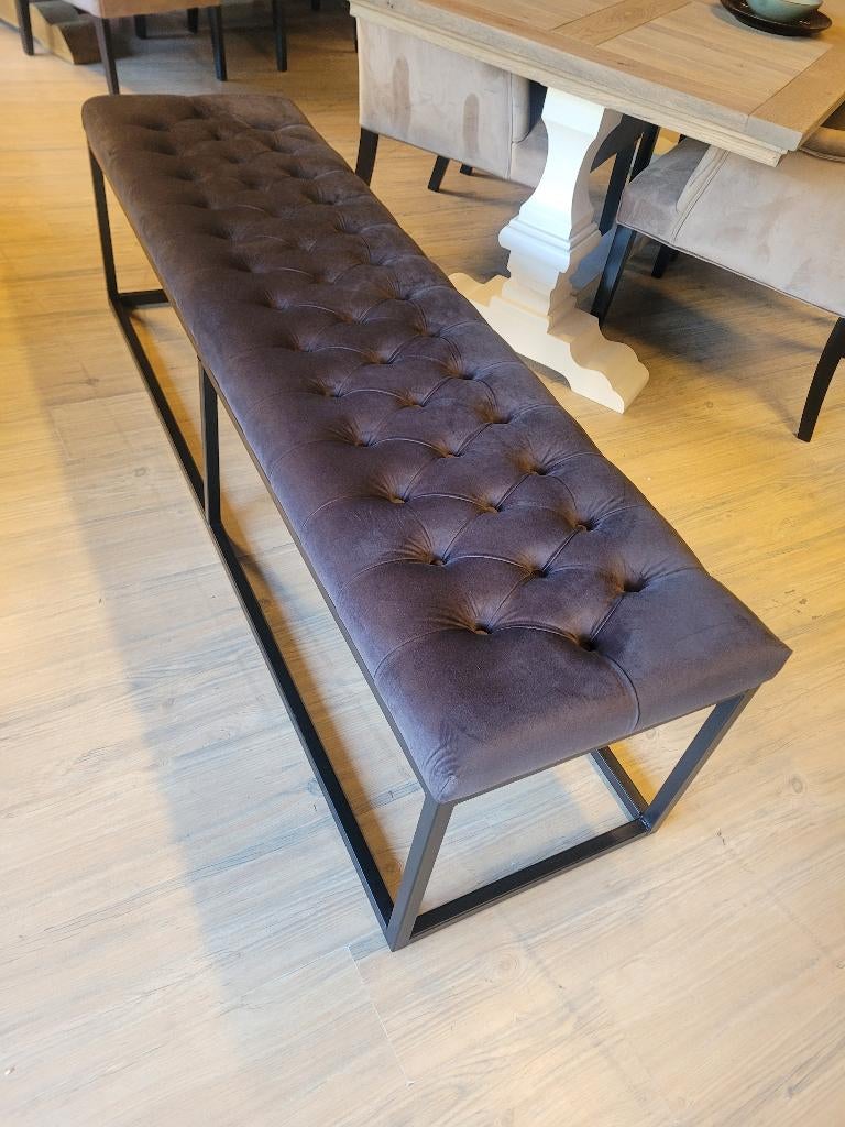 *OPRUIMING* Eetkamerbank Timmy 180 cm Grijs €329 NU €295 (7), Overige kleuren, Eetkamerbank hocker knoopjes capiton stof velvet antraciet