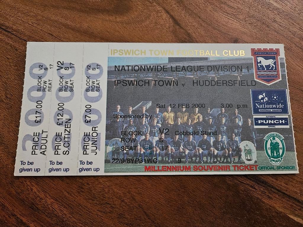⚽ Ticket Ipswich Town - Huddersfield 1998-1999 ⚽, Verzamelen, Sportartikelen en Voetbal, Ophalen of Verzenden, Zo goed als nieuw