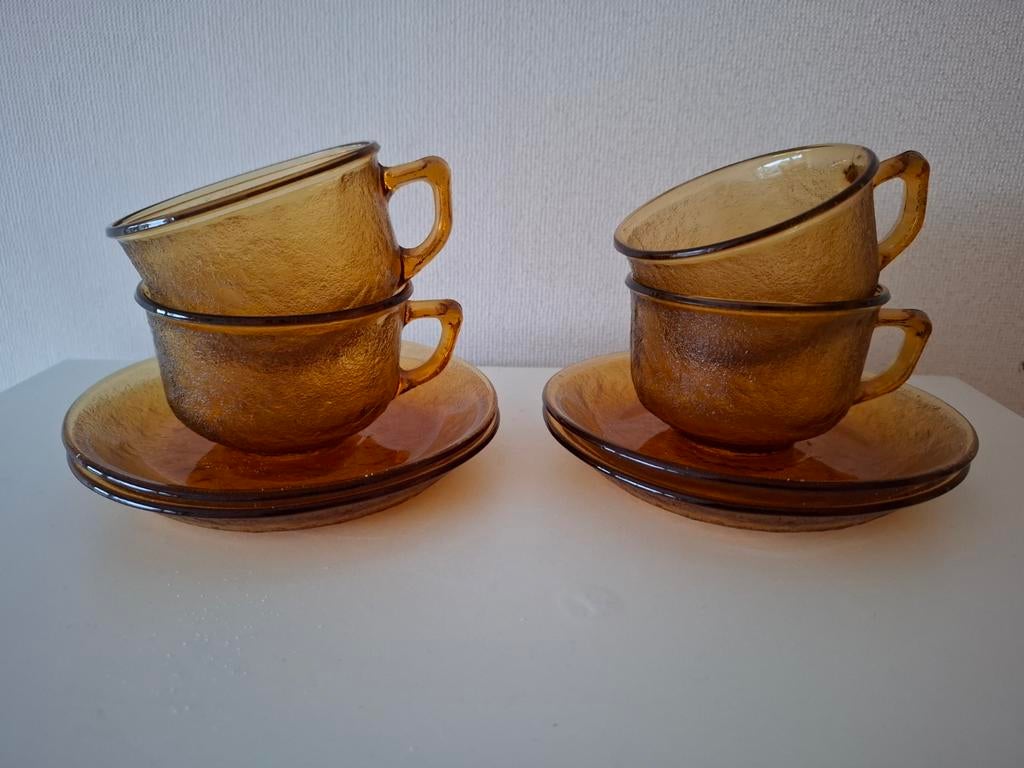 Vintage set van 4 Arcoroc France Sierra kopjes. Amber. Geel., Ophalen of Verzenden