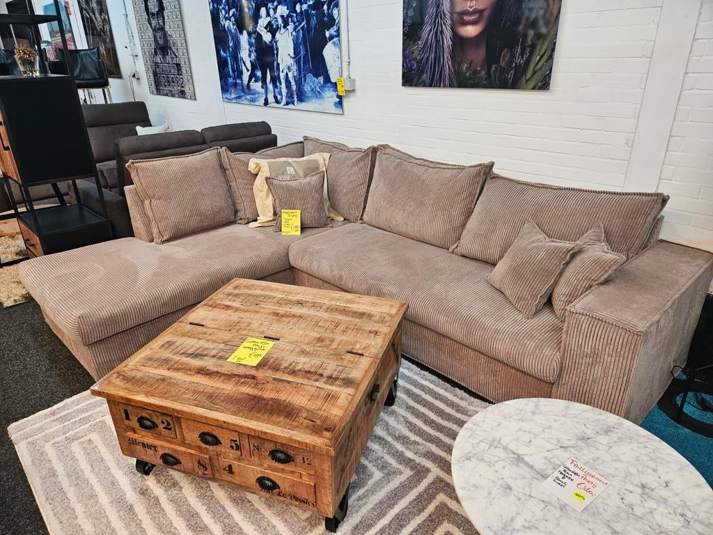 Hoekbank Ribstof Taupe 300 x 220 cm super comfort NIEUW, Ophalen, Hoekbank, Vierpersoons of meer, 300 cm of meer