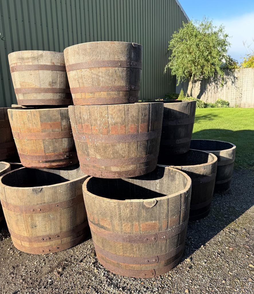 Plantenbak, Half wijnvat, Half vat, Eiken regenton Vijver, Ophalen, Rond, 60 tot 100 cm, 30 tot 60 cm