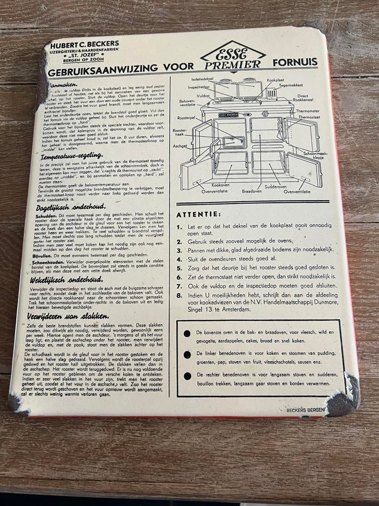 EMAILLE BORD gebruiksaanwijzing voor Premier Fornuis, Verzamelen, Ophalen of Verzenden, Gebruikt, Reclamebord