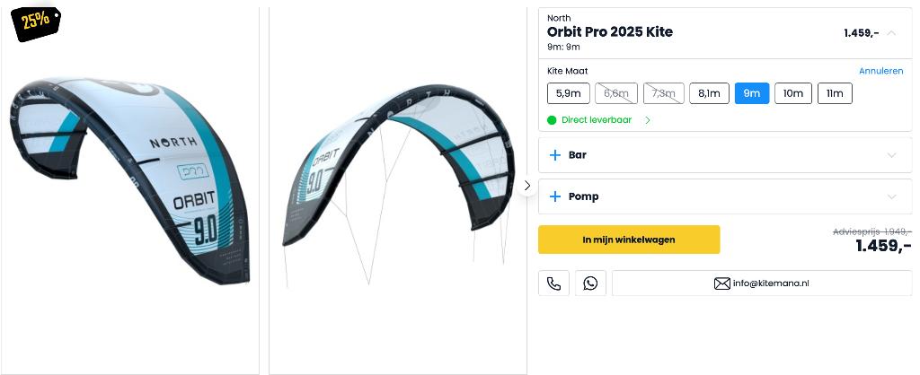 North orbit pro plus pro bar, Watersport en Boten, Kitesurfen, Kitesurf-set, 9 m², Geen board, Ophalen of Verzenden