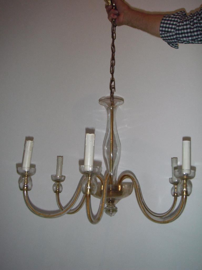 vintage amberkleurige glazen Murano kroonluchter, zes armig, Ophalen, Zo goed als nieuw, Glas