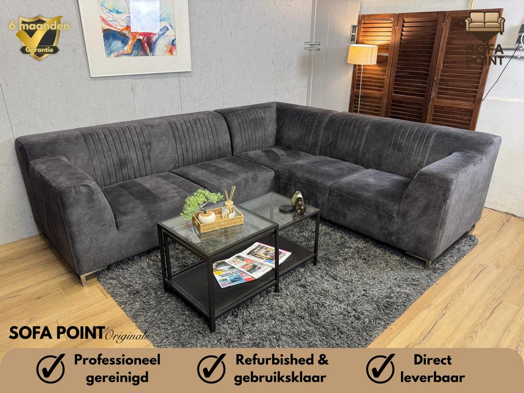 Ruime Antraciete Velvet Hoekbank + Hocker- Gratis Bezorgd, Ophalen of Verzenden, Noordkade 68A, Vierpersoons of meer, Sofapointnl@gmail.com