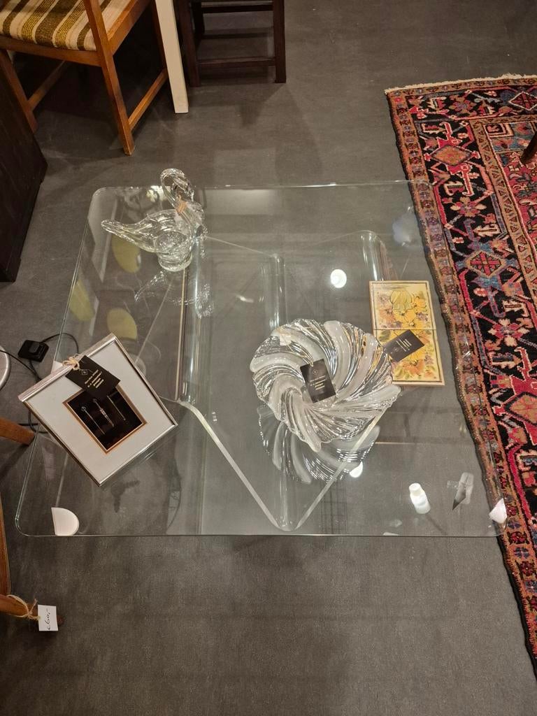 Glazen Salontafel met Plexiglas Onderstel, Huis en Inrichting, Tafels | Salontafels, Gebruikt, Vierkant, Ophalen of Verzenden