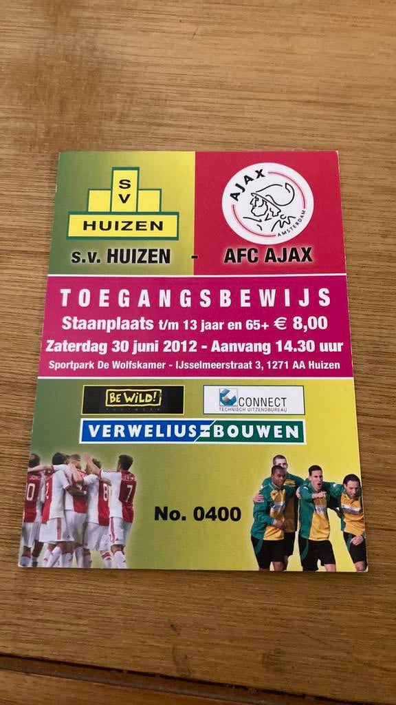 Ticket SV Huizen - AFC Ajax 30 juni 2012, Ophalen of Verzenden, Zo goed als nieuw, Ajax, Overige typen