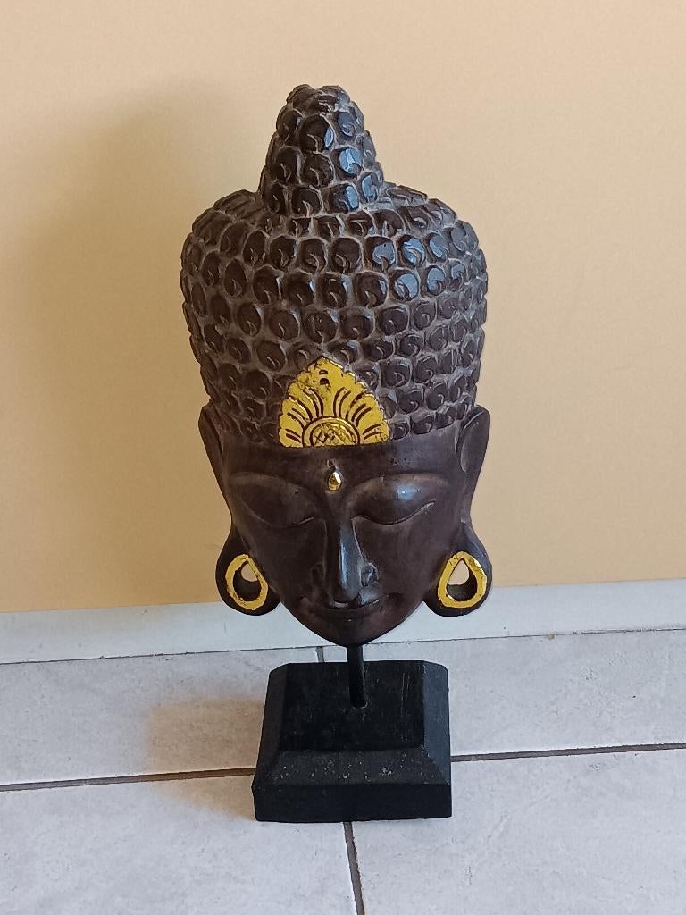 nieuwstaat; boeddhahoofd op standaard, van hout, Huis en Inrichting, Ophalen of Verzenden, Zo goed als nieuw