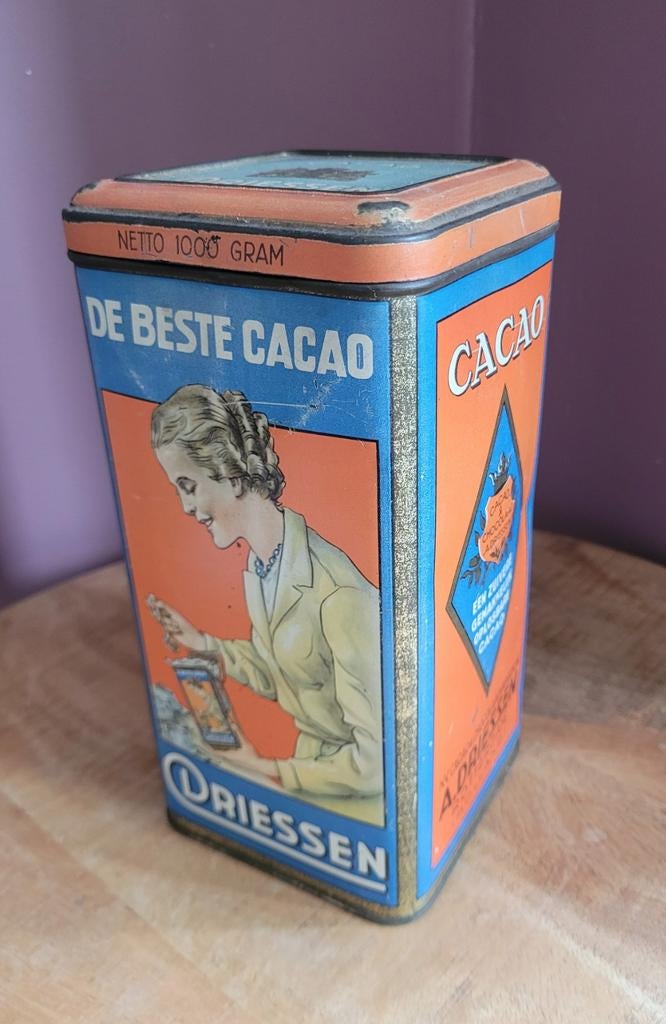 Oud cacao blik, A. Driessen Rotterdam,  jaren '30 / 1000 gr., Ophalen of Verzenden, Gebruikt, Overige, Overige merken
