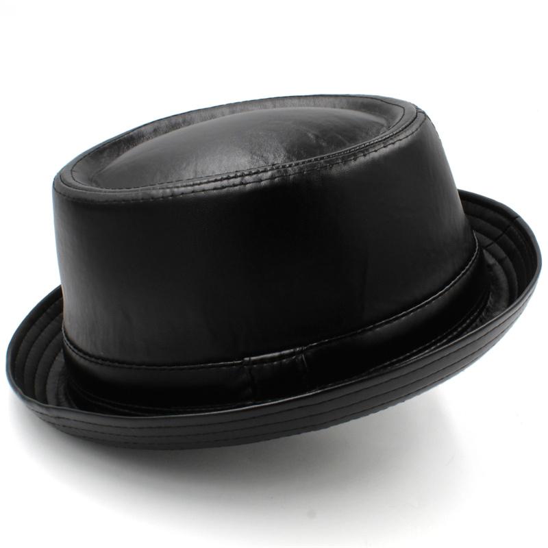Zwarte leren pork pie hoed / heren dames jazz bowler, Verzenden, Nieuw, Hoed
