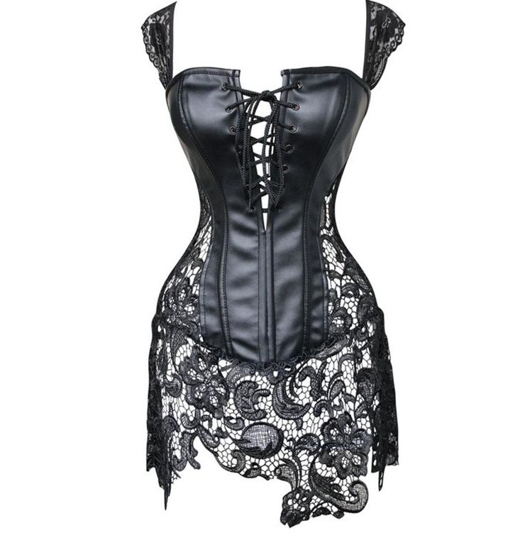 Zwarte kunstleren kanten korset jurk leren sexy bustier, Maat 38/40 (M), Verzenden, Zwart, Nieuw