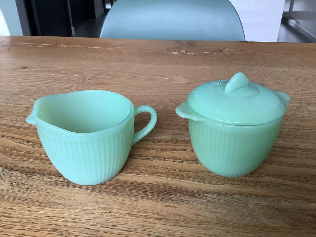 Oven ware Fire King suiker en melk set, Huis en Inrichting, Keuken | Servies, Gebruikt, Overige typen, Ophalen of Verzenden, Glas