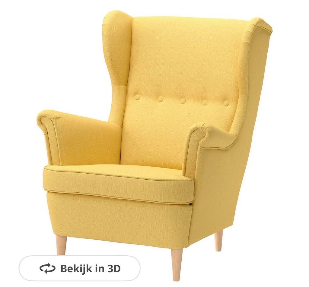 Strandmon fauteuil Ikea geel plus voetenbank, Huis en Inrichting, Fauteuils, Ophalen of Verzenden, Gebruikt, Stof, 75 tot 100 cm
