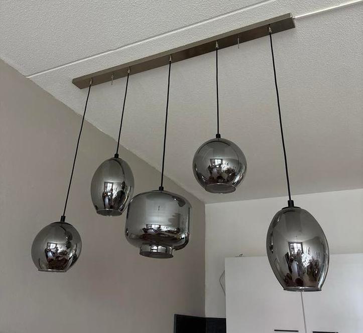 Hanglamp met 5 glazen bollen Smoke Glas, Ophalen, 50 tot 75 cm, Smoke Glas, Glas