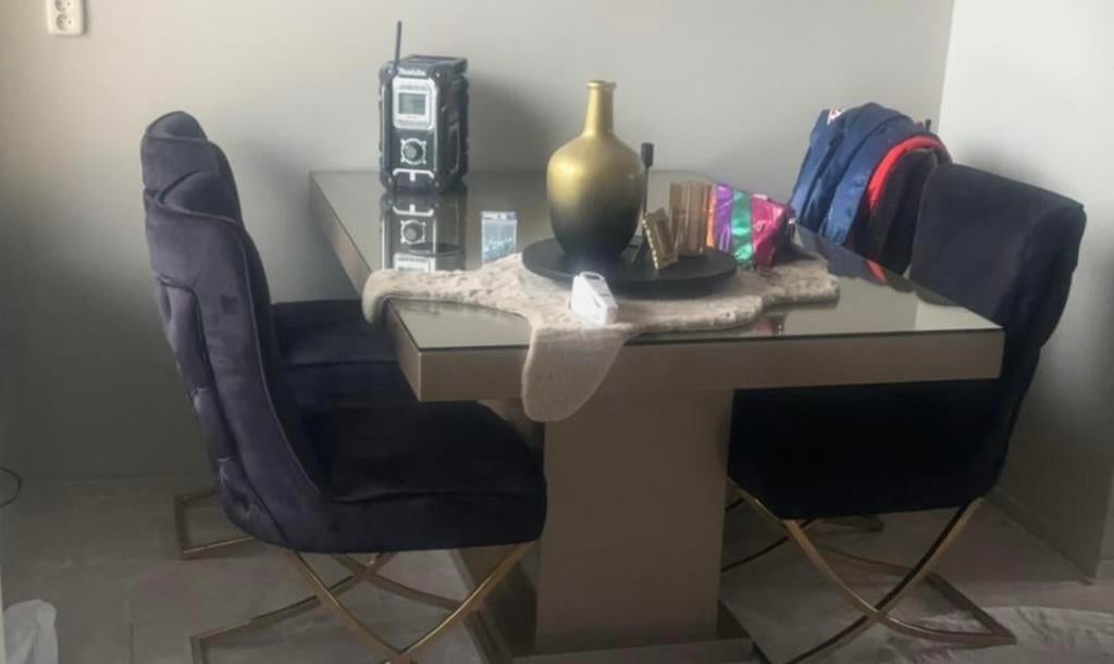 Moderne salon- en eettafel set met spiegelblad, Huis en Inrichting, Tafels | Eettafels, Ophalen, Gebruikt, 100 tot 150 cm, 50 tot 100 cm