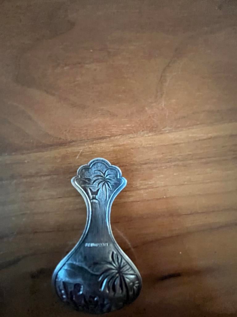 Vintage zilverkleurige lepel met tropisch tafereel, Antiek en Kunst, Antiek | Bestek, Ophalen of Verzenden