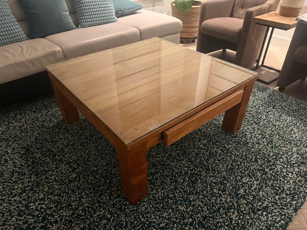 Vierkante Teak Salontafel 100x100 met Glasplaat, Ophalen, Gebruikt, 50 tot 100 cm, 100 tot 150 cm