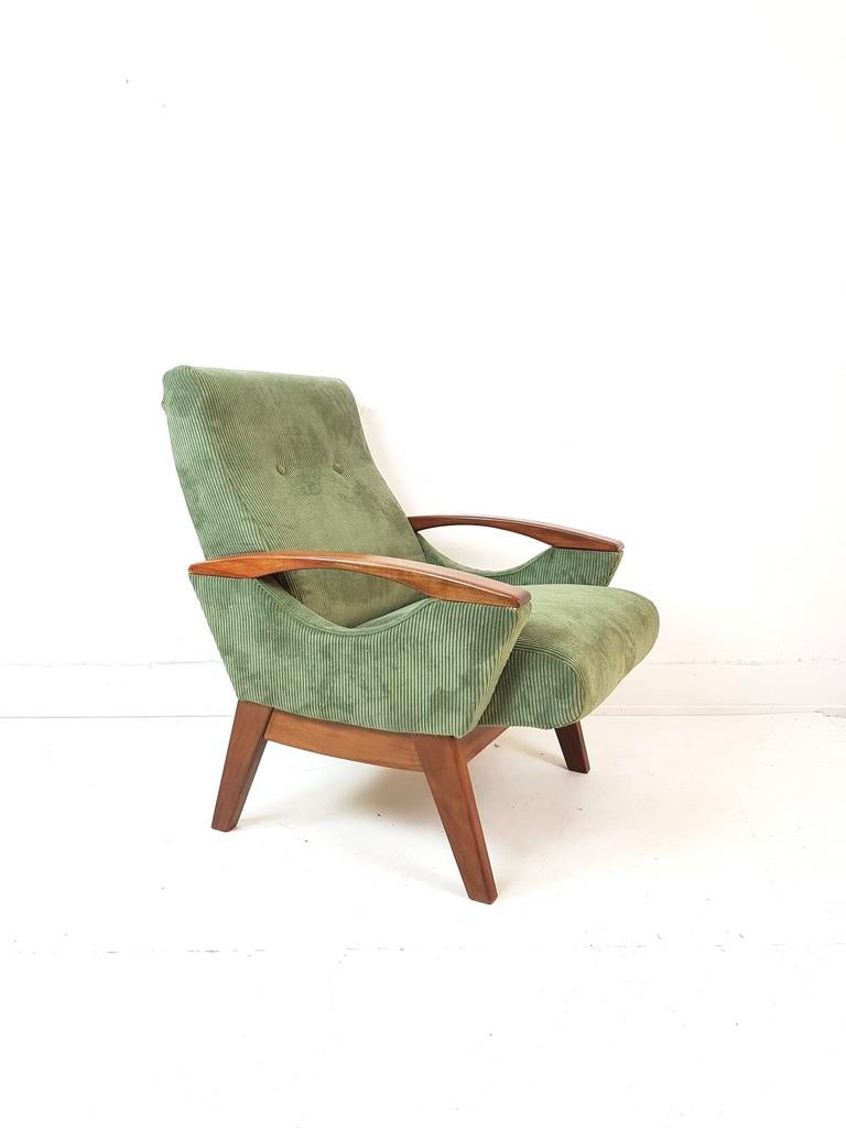 Vintage fauteuil nieuw bekleed groene rib teak hout, Ophalen of Verzenden, -, -, -