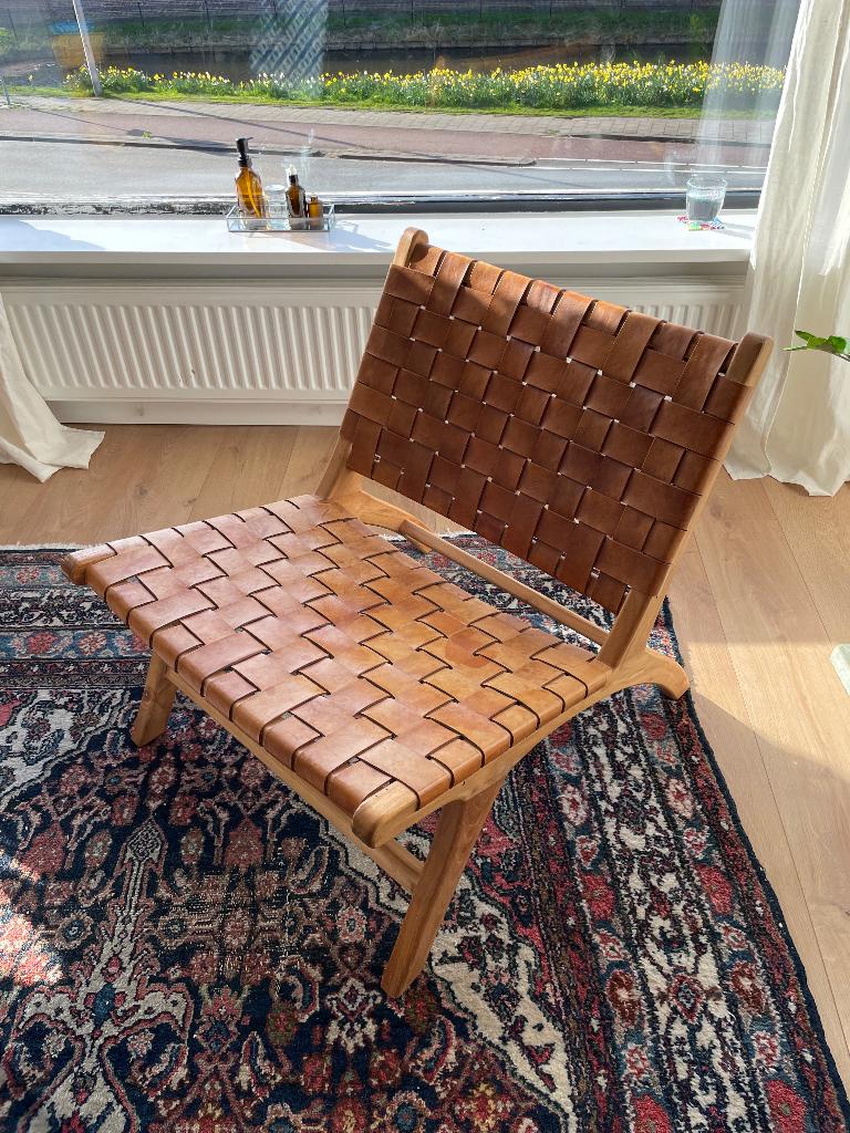 Calixta fauteuil - Kave Home, Ophalen, Natuurlijk, hout, leer, 75 tot 100 cm, Zo goed als nieuw
