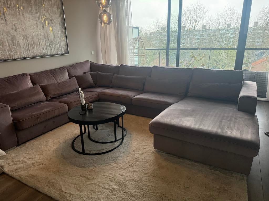 Taupe kleurige velvet U bank, Ophalen, Gebruikt, 100 tot 125 cm, Hoekbank