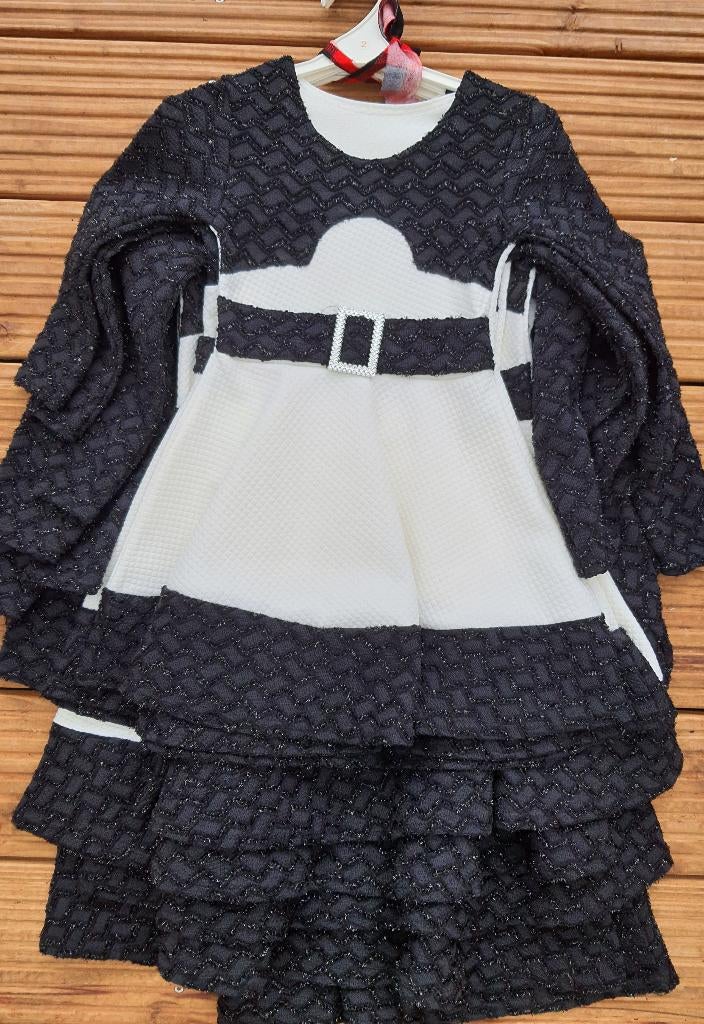 Jurk met bolero glitter met riem - zwart/wit mt 134/140., Meisje, Nieuw, Ophalen of Verzenden, 7204gh
