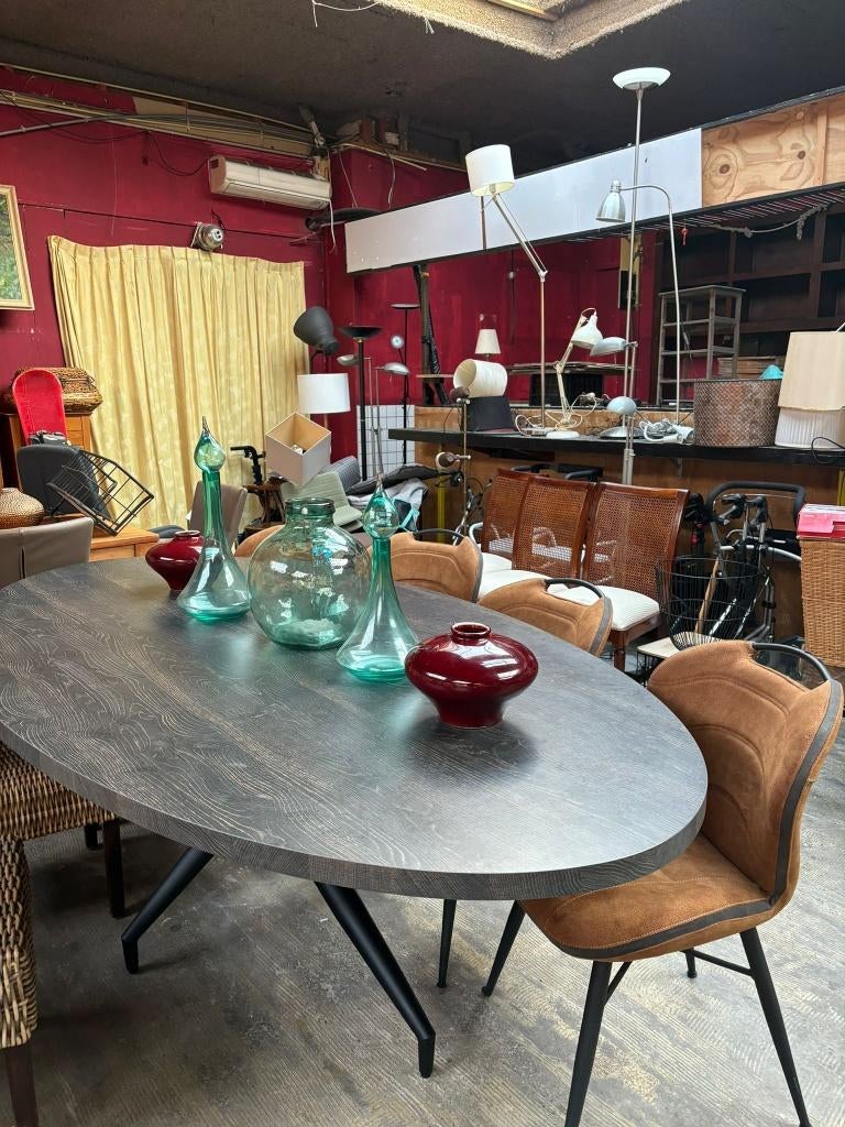 Ovale Eettafel Zwart Hout Fineer Metaal, Ophalen, 100 tot 150 cm, Overige materialen, 200 cm of meer