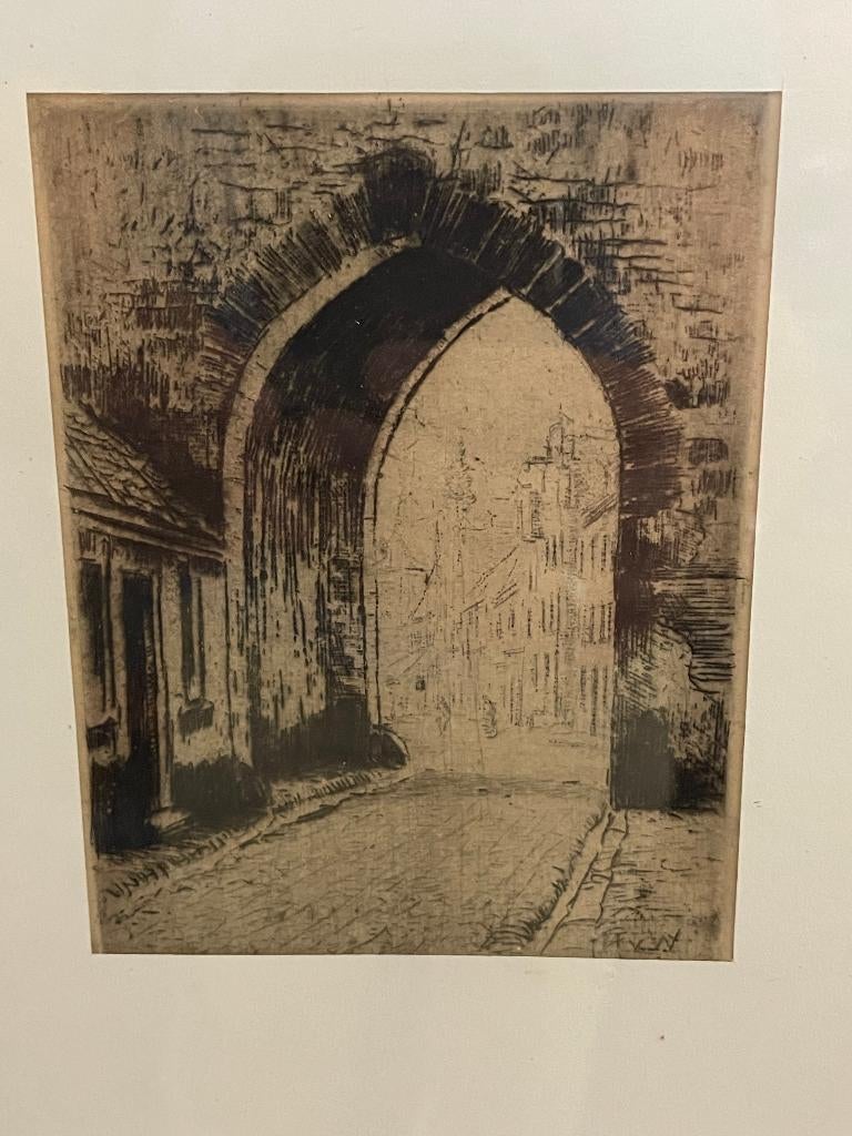 Martin van Waning - ets Stadspoort in originele lijstje, Ingelijst, Ets, Architectuur, Ophalen of Verzenden