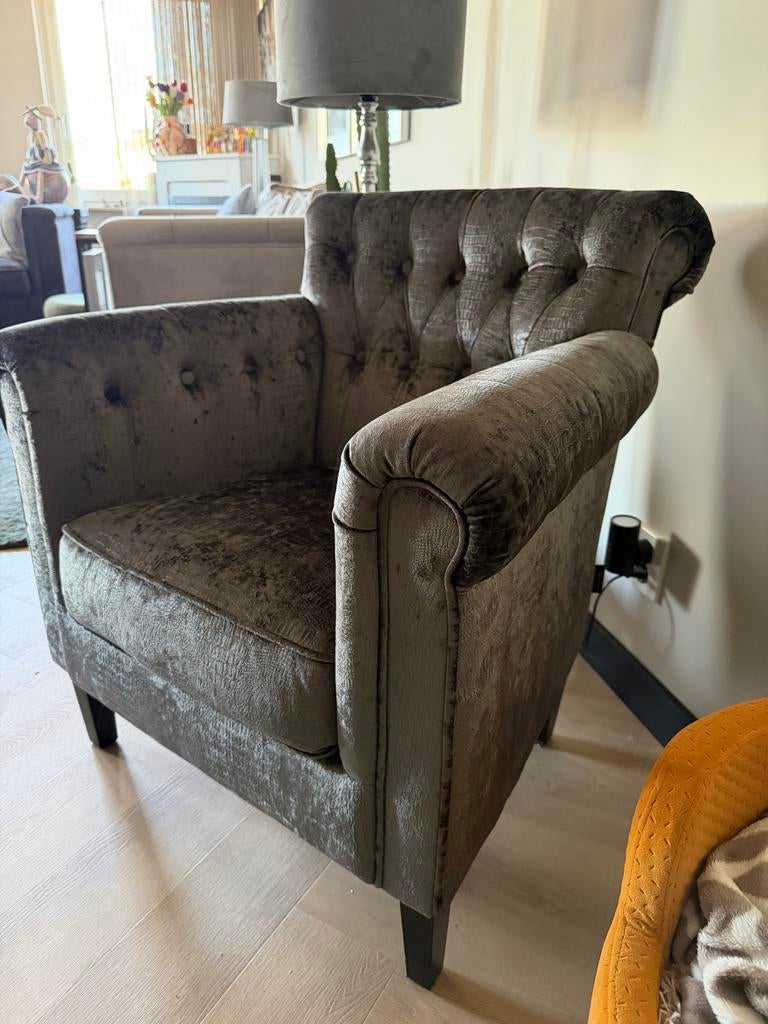 2 grijze velours fauteuils Urban Sofa, Ophalen, Zo goed als nieuw, Stof, 75 tot 100 cm