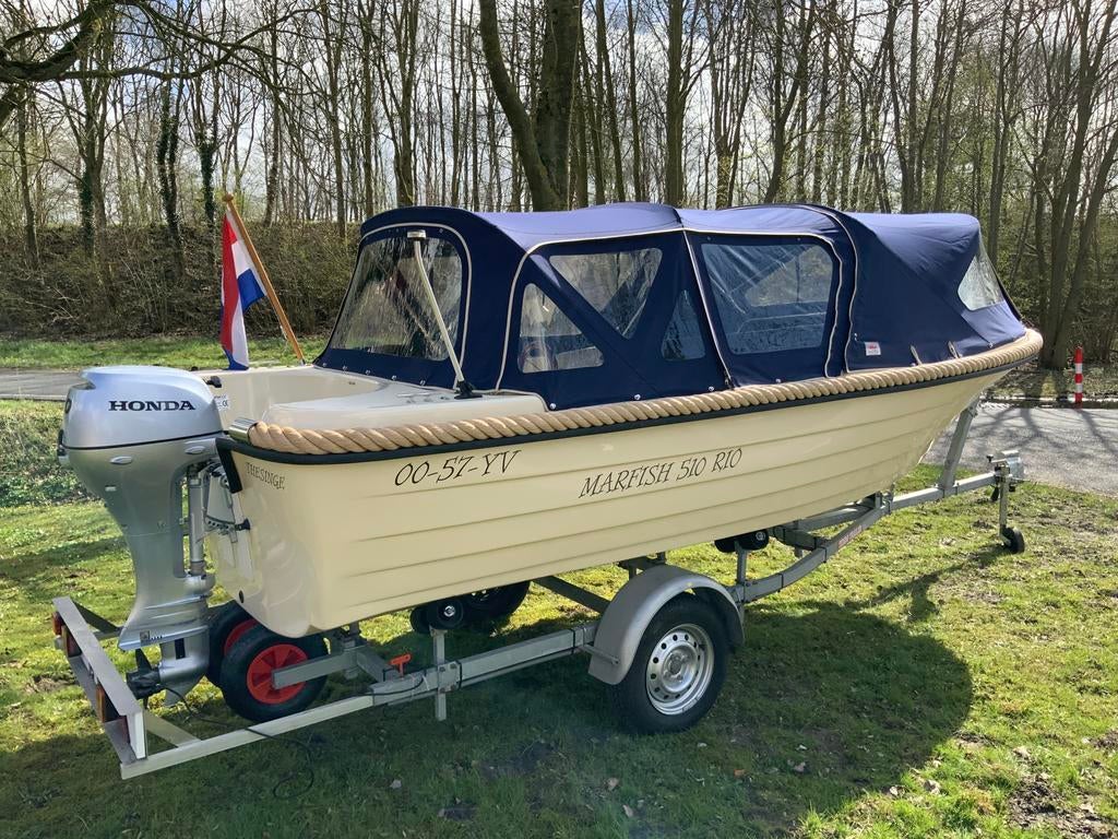 Sloep: Marfish 510 Rio | Honda 20 pk 4-takt | Kampeersloep |, Watersport en Boten, Sloepen, Ophalen, 10 tot 30 pk, Zo goed als nieuw