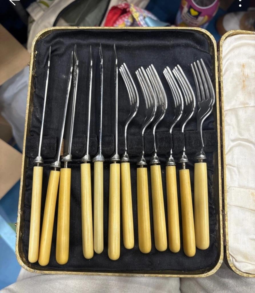 Antiek bestekset met imitatie ivoor handvatten in kistje, Antiek en Kunst, Ophalen of Verzenden