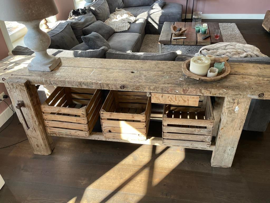 Oude industriële vintage houten werkbank, Doe-het-zelf en Verbouw, Werkbanken, Ophalen, Gebruikt, 170 cm of meer, Bankschroef