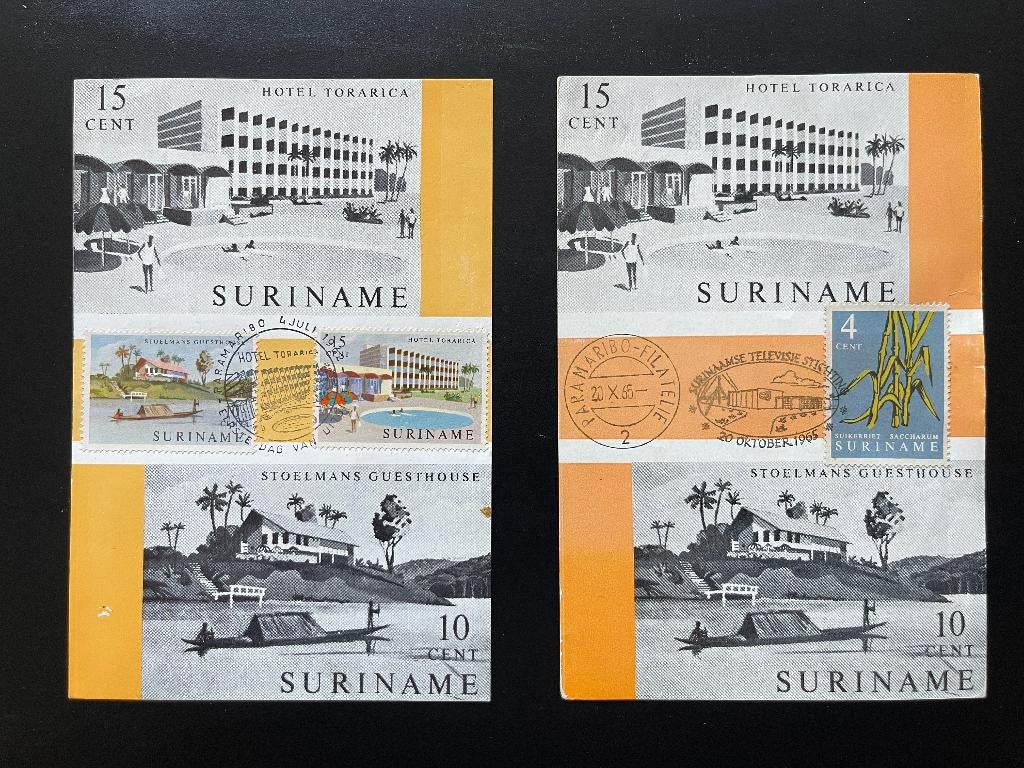 Suriname  2 kaarten Stoelmans Guesthouse Hotel Torarica, Postzegels en Munten, Postzegels | Volle albums en Verzamelingen, Ophalen of Verzenden