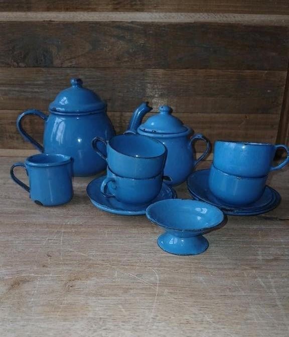 Antiek klein emaille serviesje, Ophalen of Verzenden