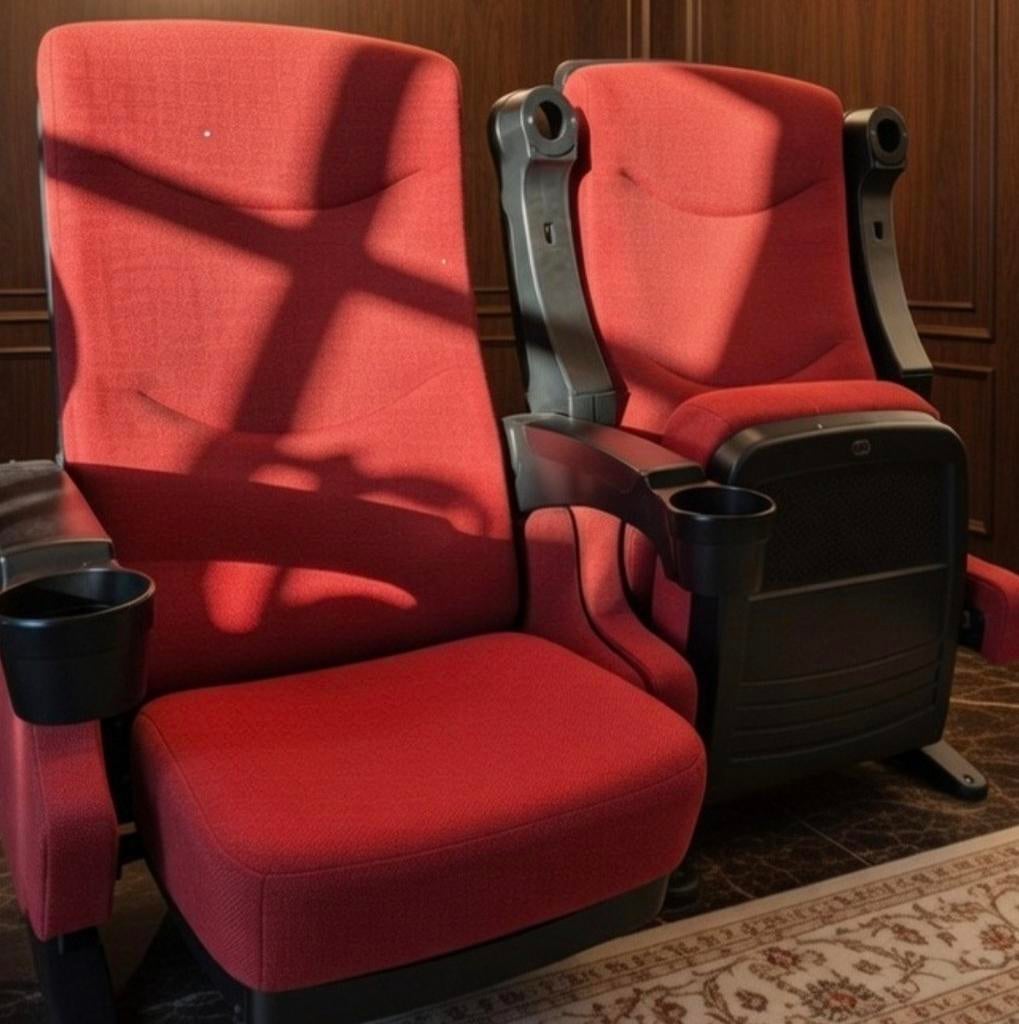 Bioscoopstoelen - Set van twee losse stoelen inc. bodemplaat, Ophalen, Twee, Zo goed als nieuw, Stof