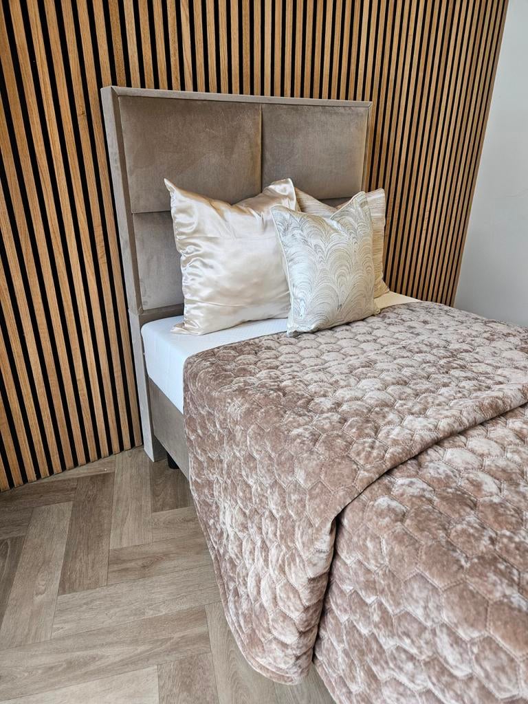 Nieuw bed 90x200 boxspring taupe japandi luxe outlet, Ophalen of Verzenden, Nieuw