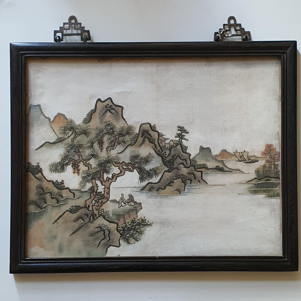 Antiek Chinees zijde borduurwerk in originele lijst, Antiek en Kunst, Ophalen of Verzenden