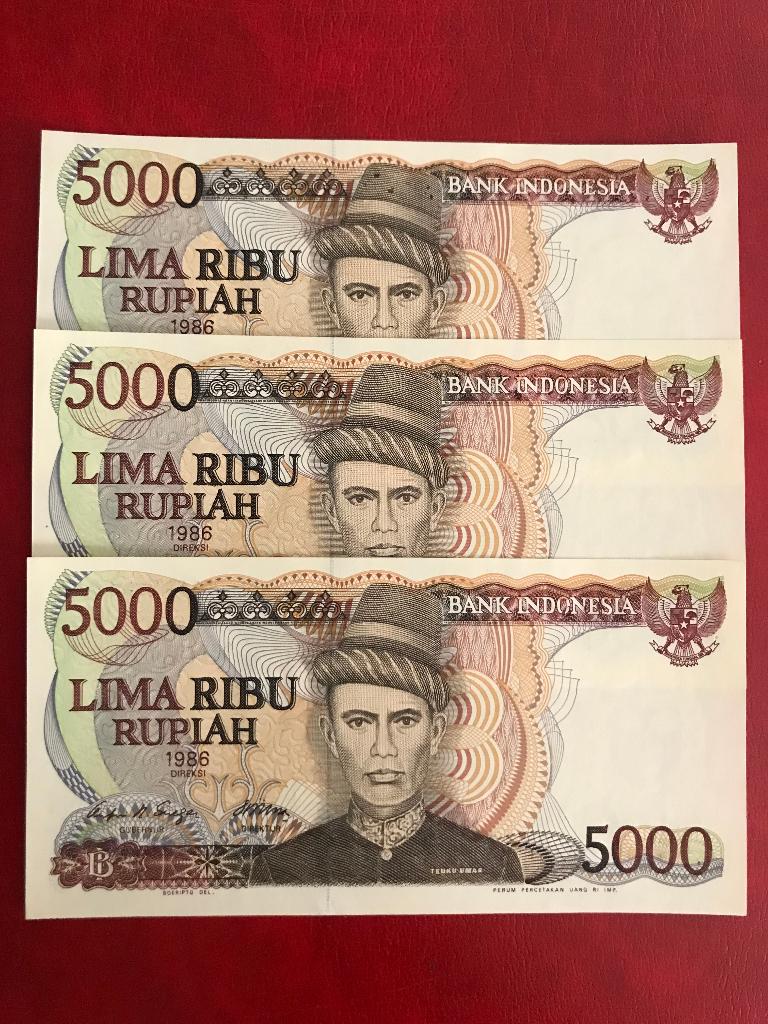 Indonesie 5000 rupiah 1986 P125A Teuku Umar 3 opvolg nr, Postzegels en Munten, Bankbiljetten | Azië, Ophalen of Verzenden, Zuidoost-Azië