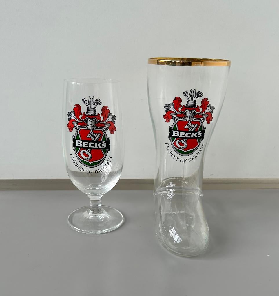 Set van 2 Vintage Beck's Bierglazen Laarsglas & Voetglas, Ophalen of Verzenden, Zo goed als nieuw, Glas of Glazen, Overige merken