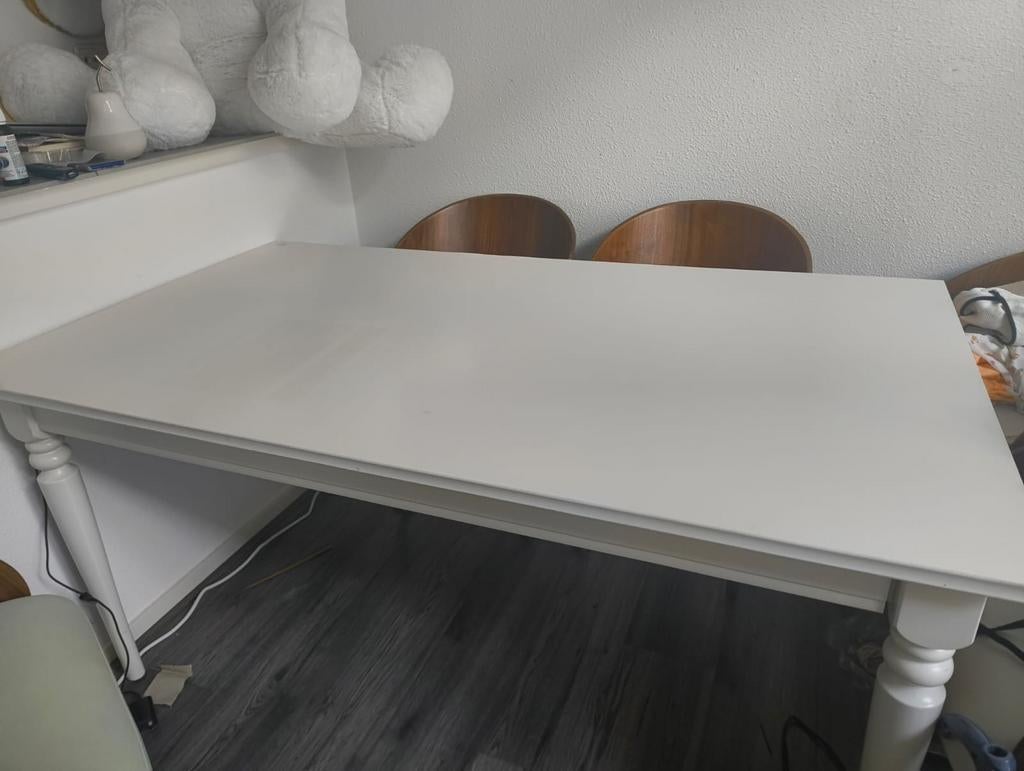 Witte uitschuifbare eettafel, Huis en Inrichting, Tafels | Eettafels, Ophalen, Kunststof, 100 tot 150 cm, 50 tot 100 cm