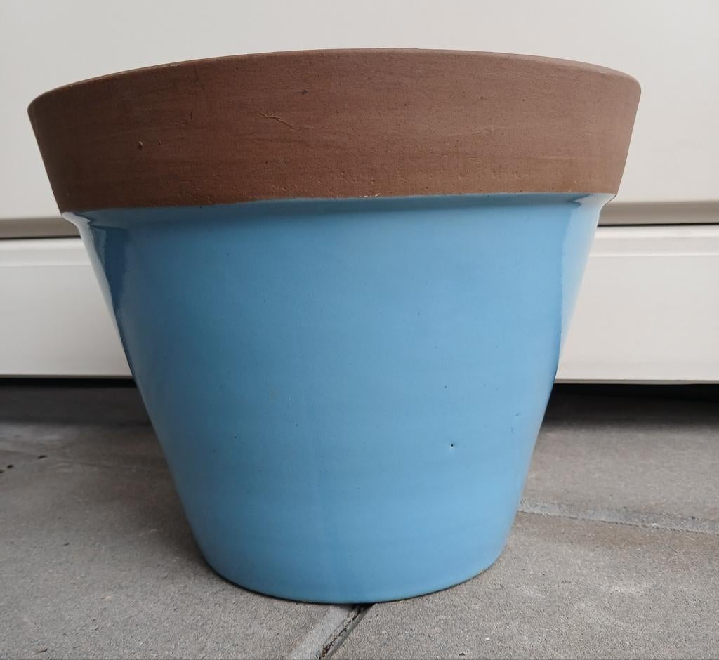 Grote blauwe geglazuurde terracotta bloempot 21 cm hoog, Tuin en Terras, Bloempotten, Rond, Ophalen of Verzenden, Zo goed als nieuw
