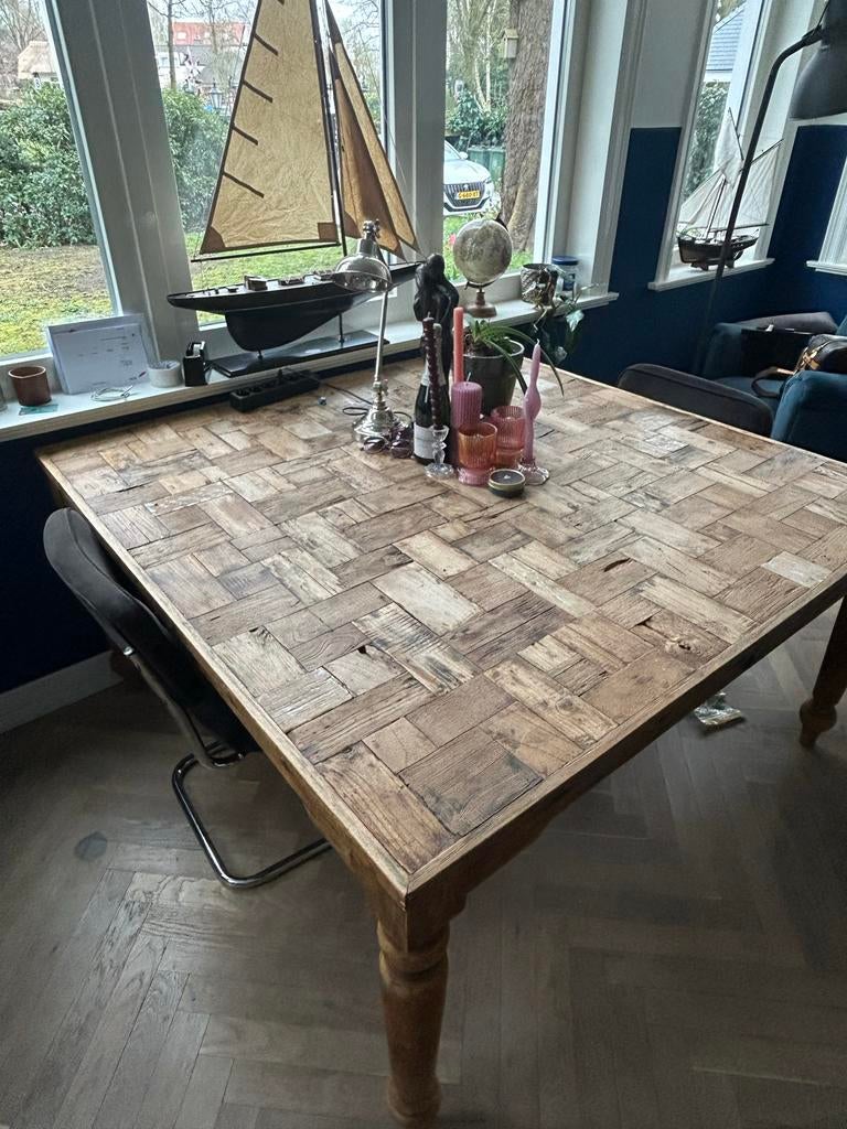 Riviera Maison Robuuste houten eettafel met uniek patroon, Gebruikt, 100 tot 150 cm, Ophalen of Verzenden, 150 tot 200 cm