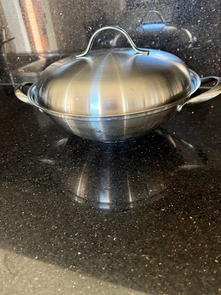 Fissler wokpan met deksel, Ophalen of Verzenden, Gebruikt, Rvs, Wok